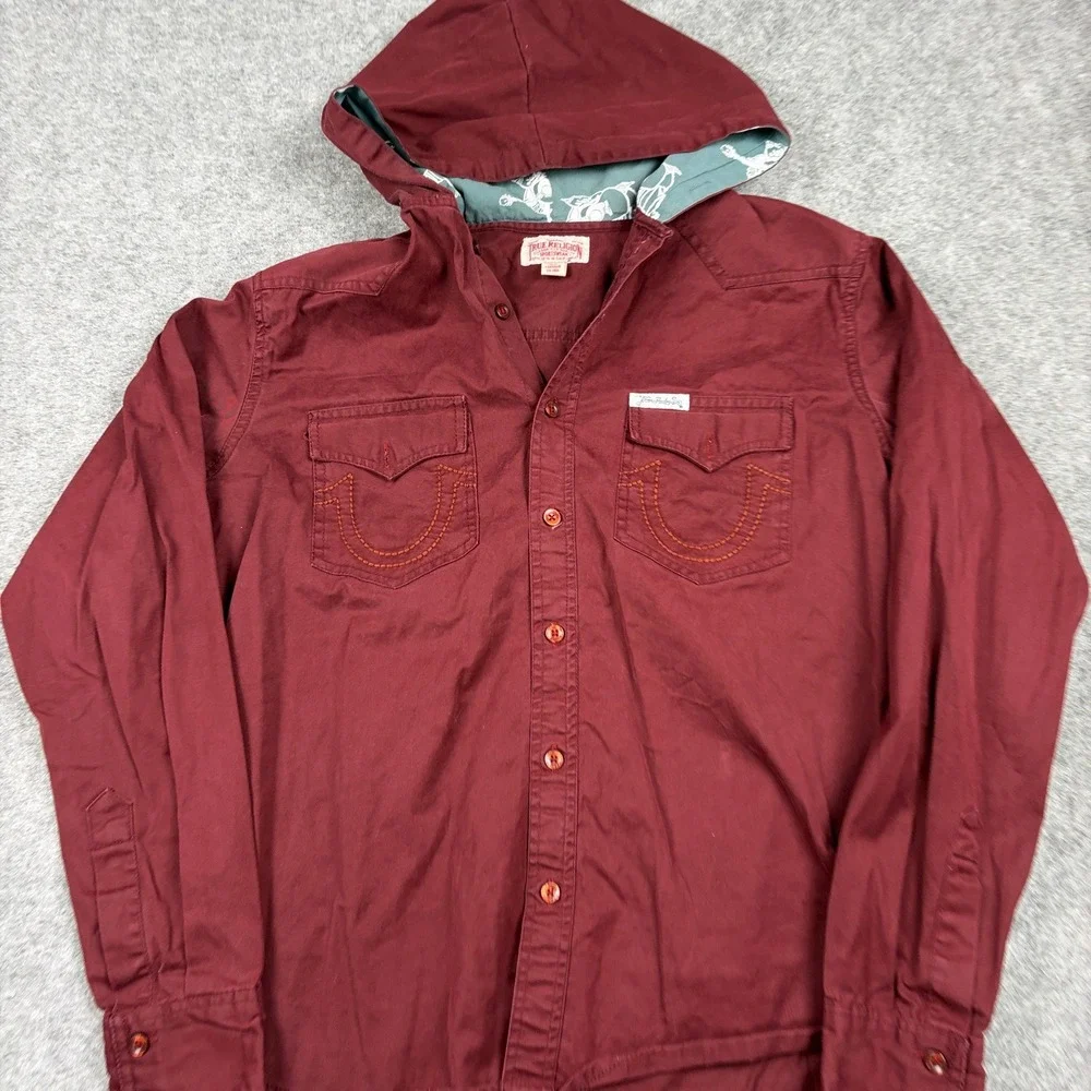 Y2K True Religion Hooded Western Shirt Mens Large Maroon Skater Grunge Surf 00s